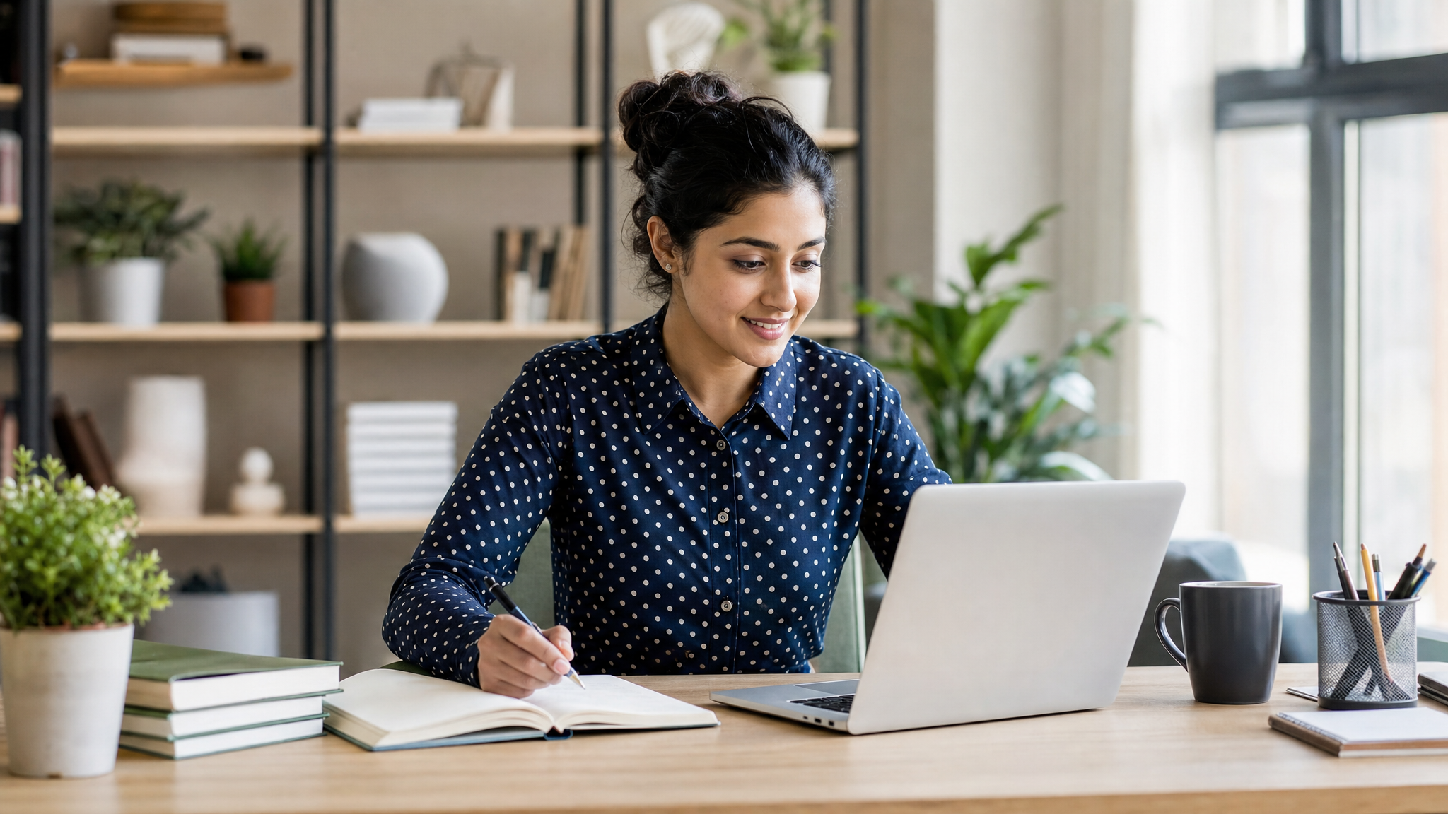 Professional practicing career-building skills with laptop and notebook in a calm office setting