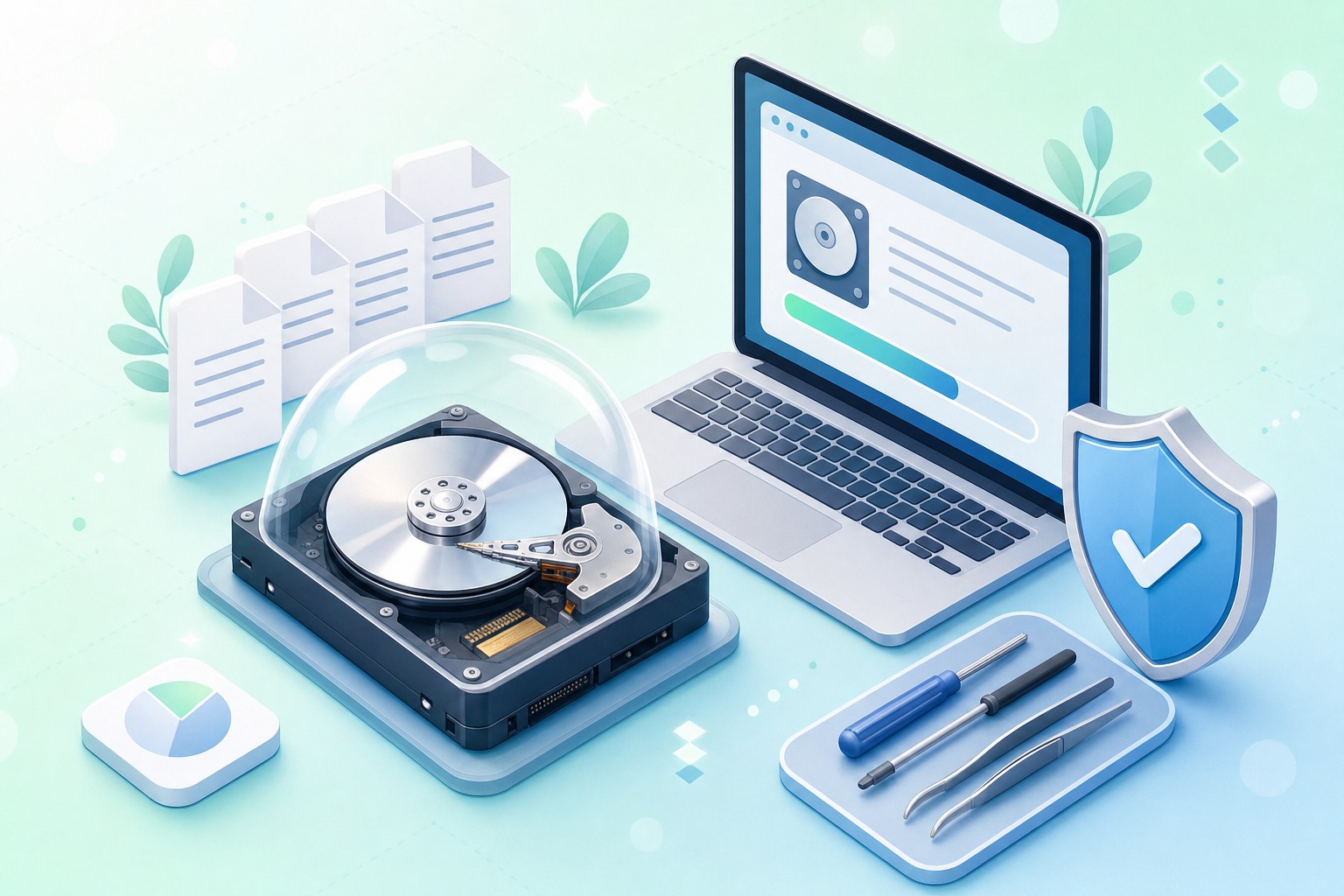 Illustration of a storage drive beside a laptop and a technician's workbench with recovery tools
