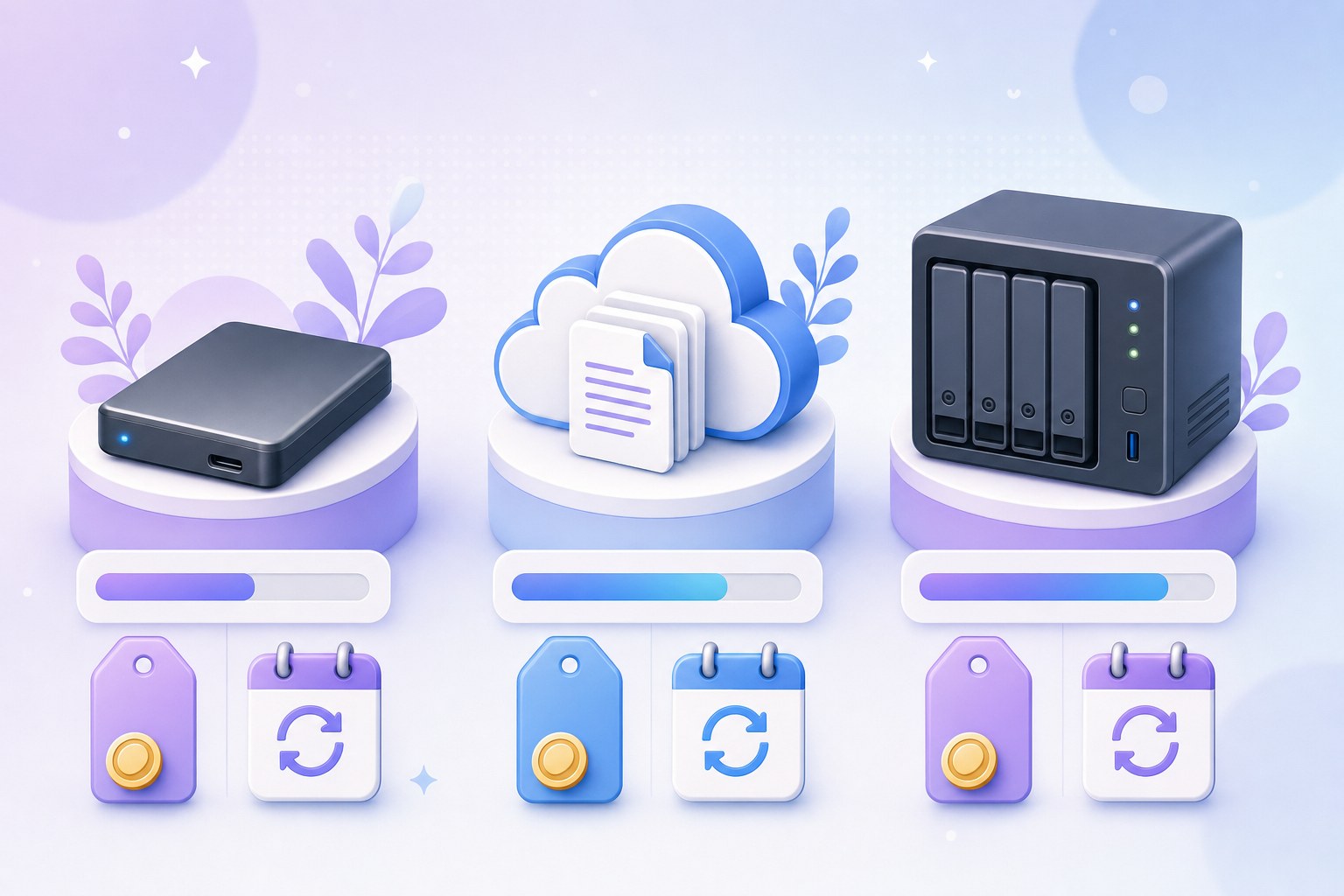 Illustration of a laptop, external drive, and cloud icon sharing backed-up files