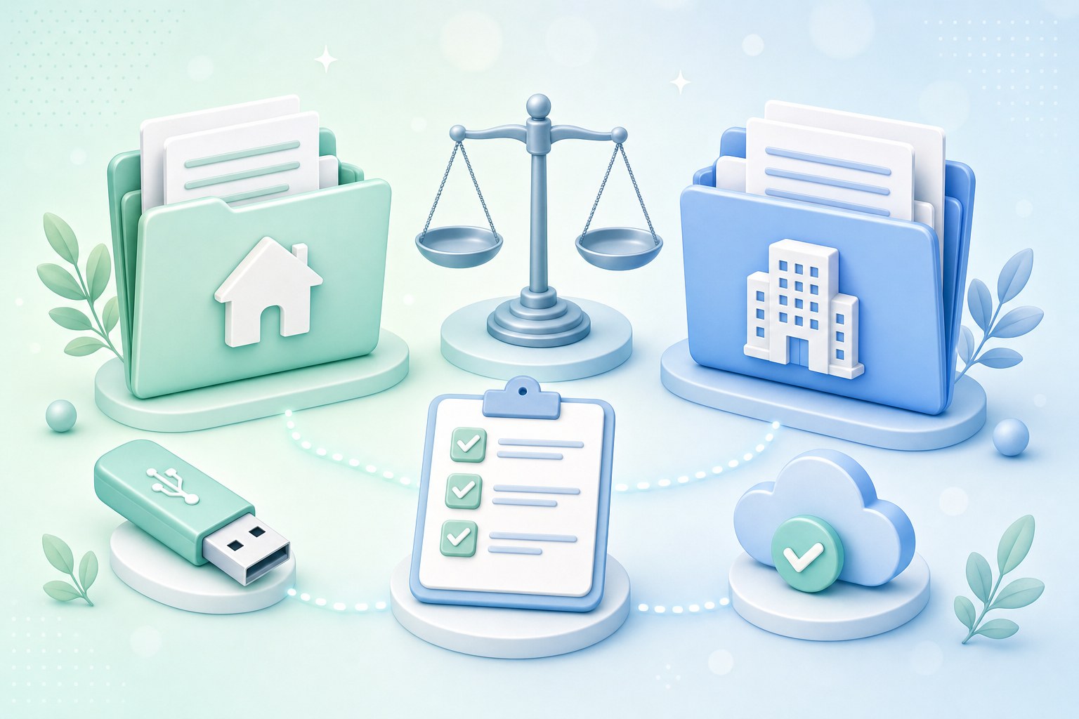 Illustration of an employee sorting personal documents from work files at a tidy desk