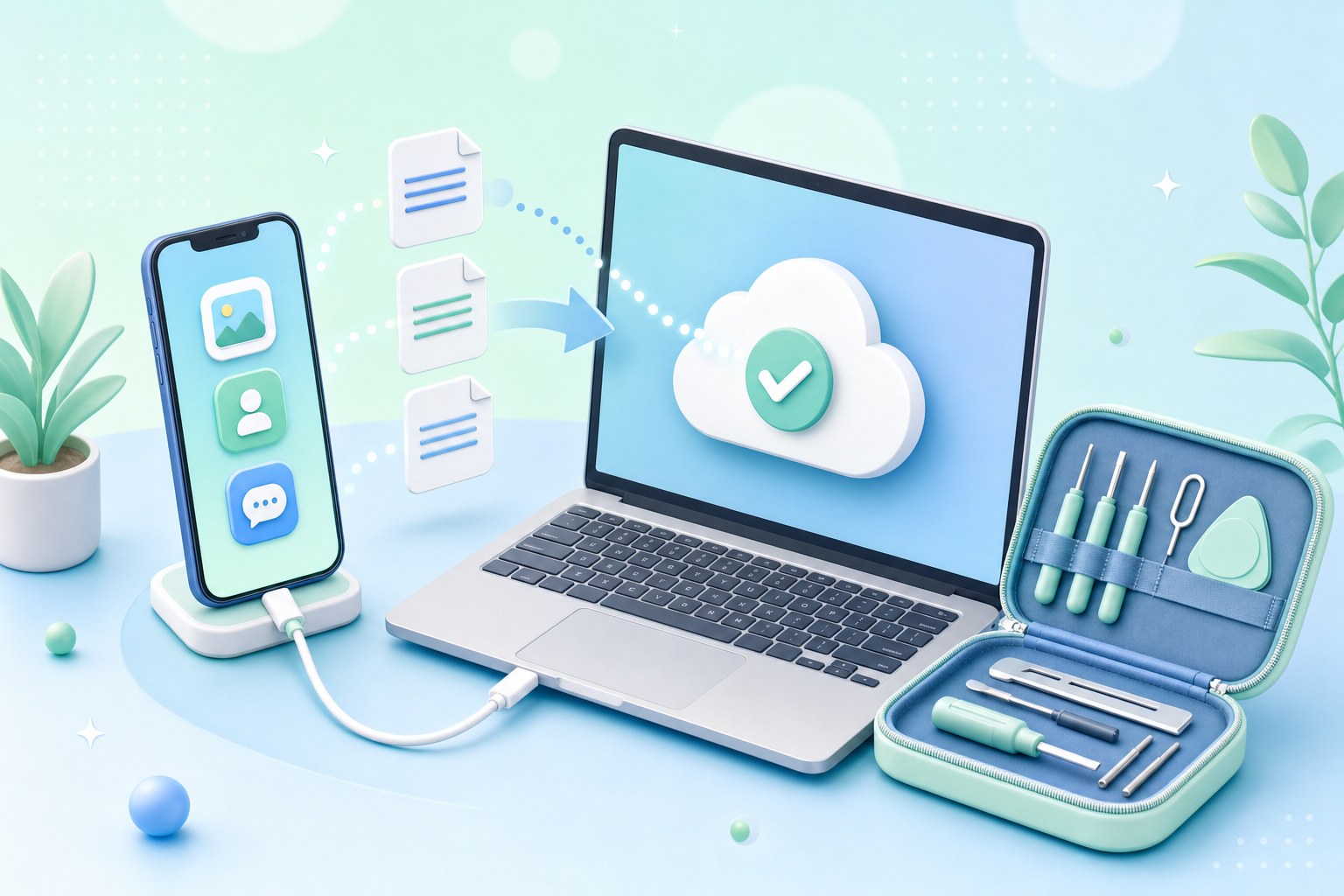 Illustration of a dark smartphone beside a charger, cloud backup icon, and repair tools